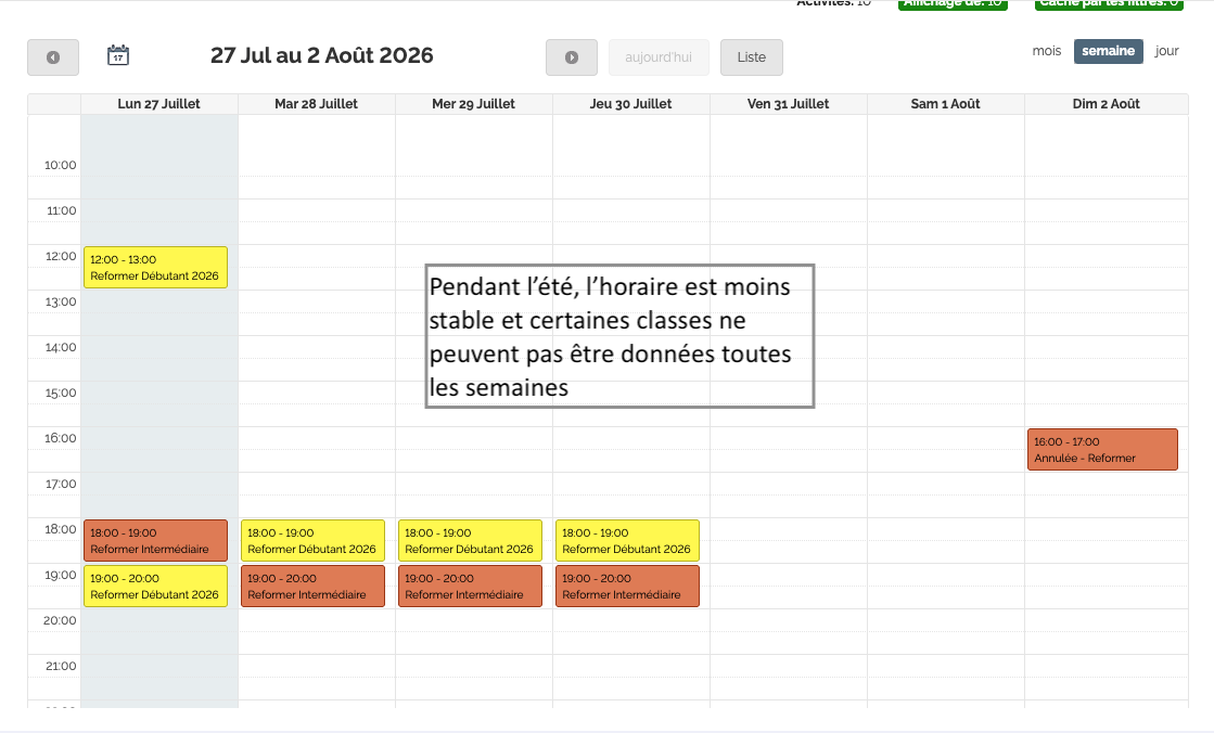 Horaire Pilates Reformers